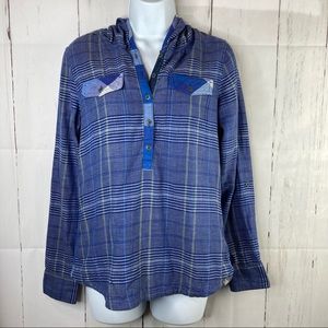 Prana Women’s Anja Hooded Pullover Shirt Top Plaid Blue Organic Cotton Size XS